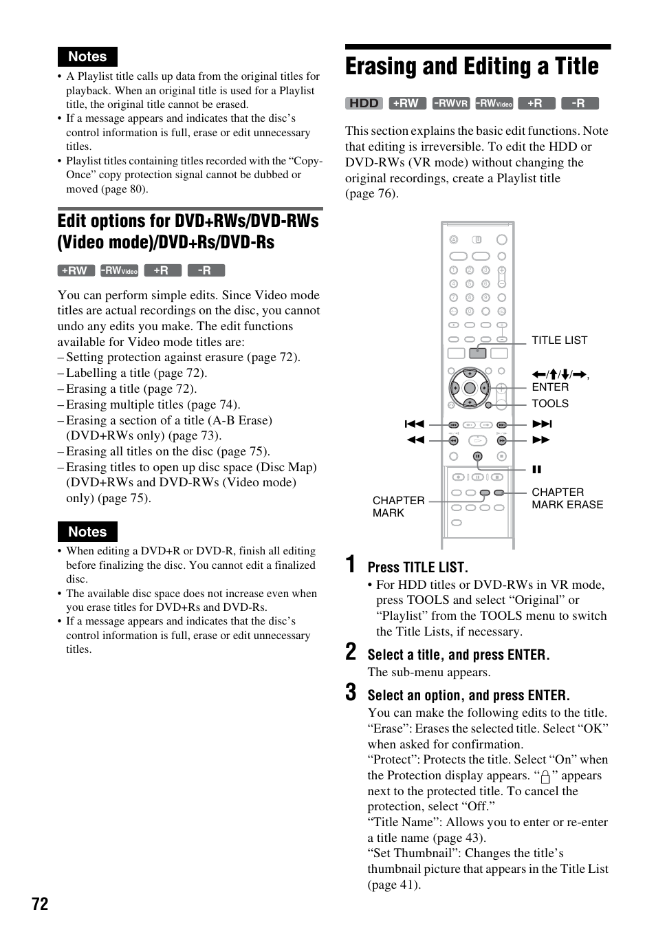 Erasing and editing a title, Press title list, Select a title, and press enter | Select an option, and press enter | Sony DAR-RH7000 User Manual | Page 72 / 536