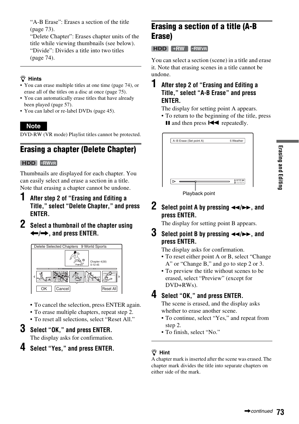 Erasing a chapter (delete chapter) | Sony DAR-RH7000 User Manual | Page 73 / 536