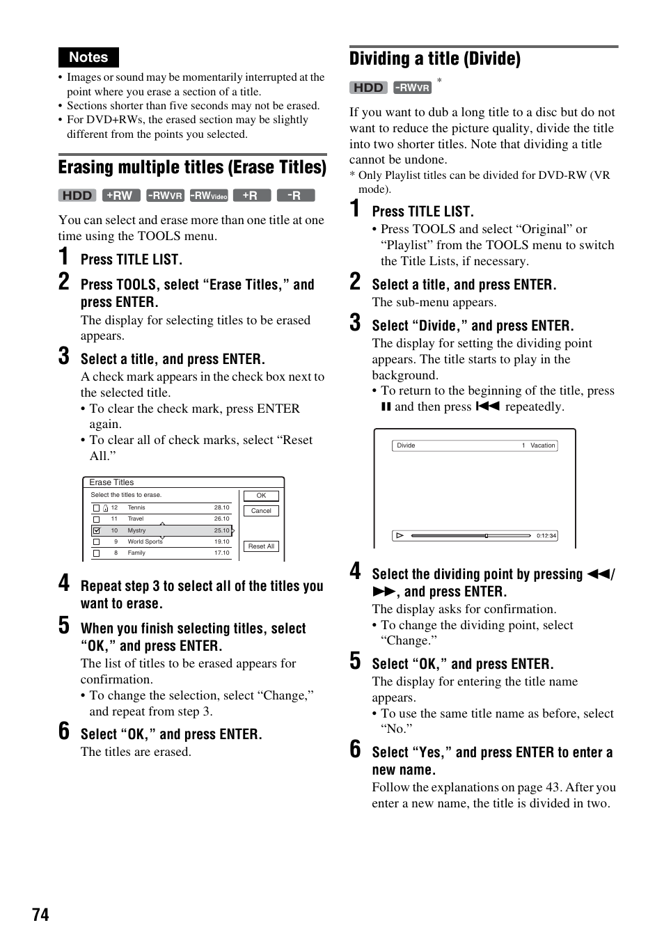 Erasing multiple titles (erase titles), Dividing a title (divide) | Sony DAR-RH7000 User Manual | Page 74 / 536