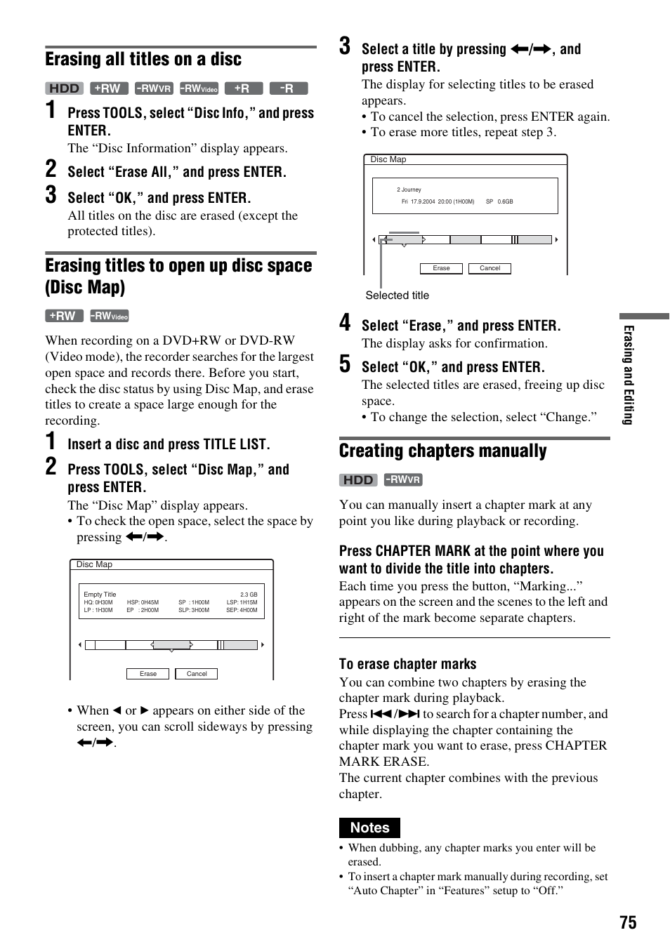 Erasing all titles on a disc, Erasing titles to open up disc space (disc map), Creating chapters manually | Sony DAR-RH7000 User Manual | Page 75 / 536