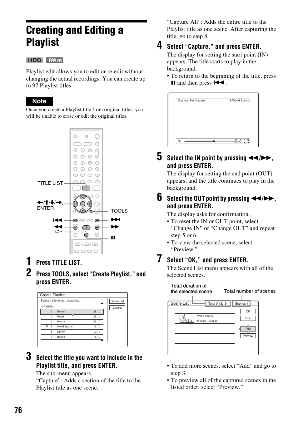 Creating and editing a playlist, Press title list, Select “capture,” and press enter | Select “ok,” and press enter, And then press | Sony DAR-RH7000 User Manual | Page 76 / 536