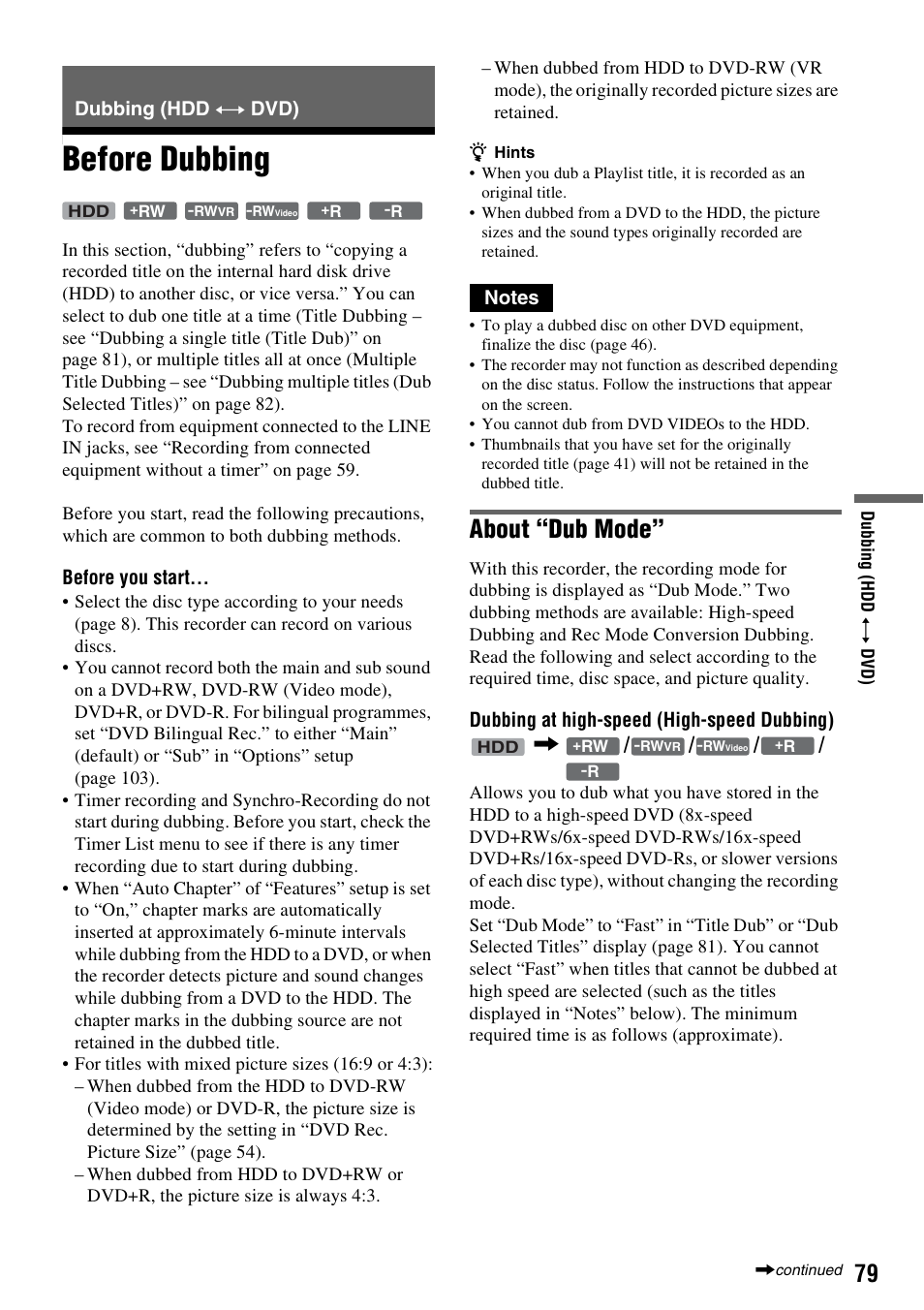 Dubbing (hdd y dvd), Before dubbing, Dubbing (hdd | About “dub mode | Sony DAR-RH7000 User Manual | Page 79 / 536