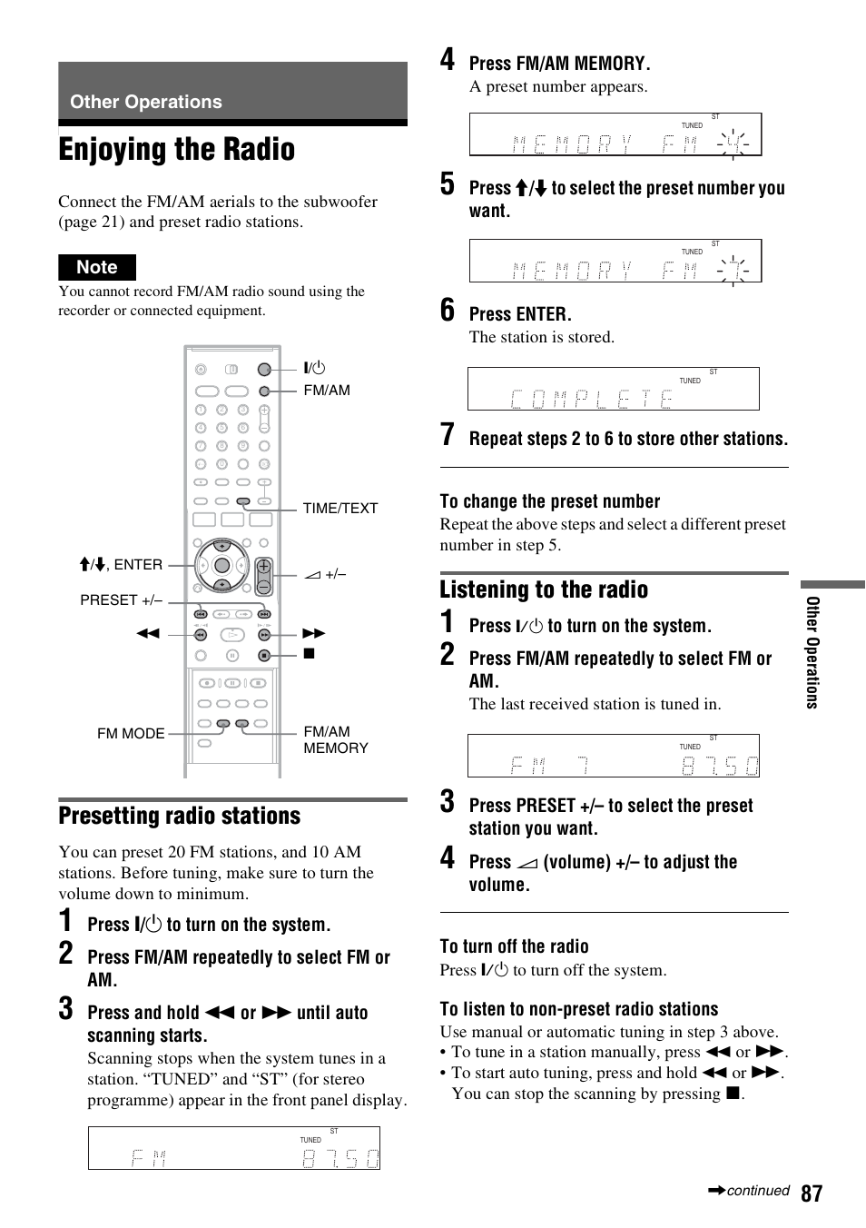 Other operations, Enjoying the radio, Presetting radio stations | Listening to the radio | Sony DAR-RH7000 User Manual | Page 87 / 536