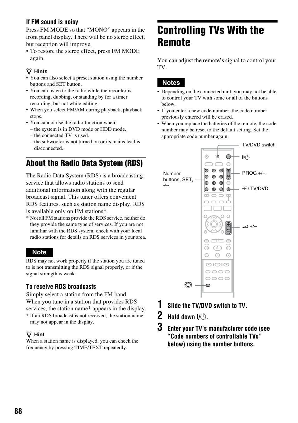 Controlling tvs with the remote, About the radio data system (rds) | Sony DAR-RH7000 User Manual | Page 88 / 536