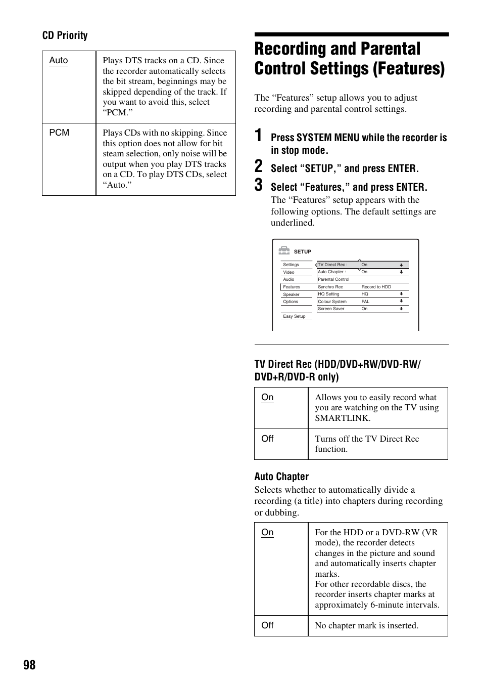 Recording and parental control settings (features), Cd priority, Select “setup,” and press enter | Select “features,” and press enter | Sony DAR-RH7000 User Manual | Page 98 / 536