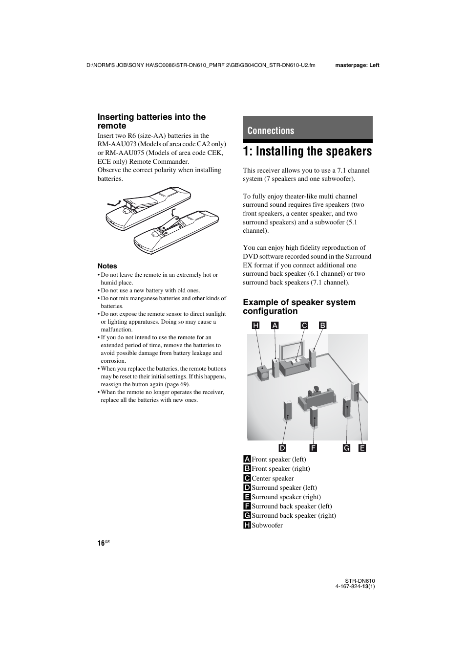 Connections, Installing the speakers, Inserting batteries into the remote | Example of speaker system configuration | Sony STR-DN610 User Manual | Page 16 / 84