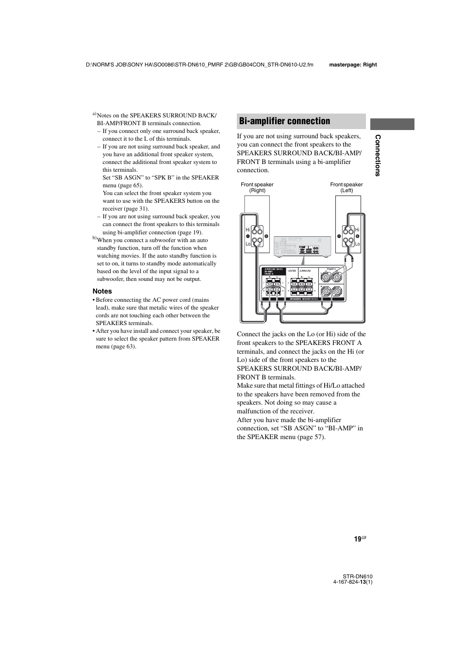 Bi-amplifier connection | Sony STR-DN610 User Manual | Page 19 / 84