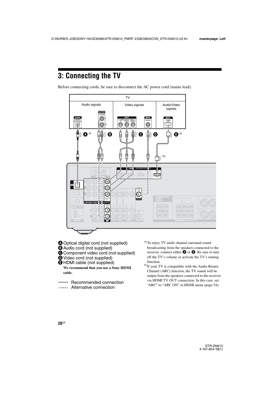 Connecting the tv, E 20, Age 20, 23) | Recommended connection alternative connection, We recommend that you use a sony hdmi cable, Audio/video signals video signals, A) audio signals, A) b) | Sony STR-DN610 User Manual | Page 20 / 84