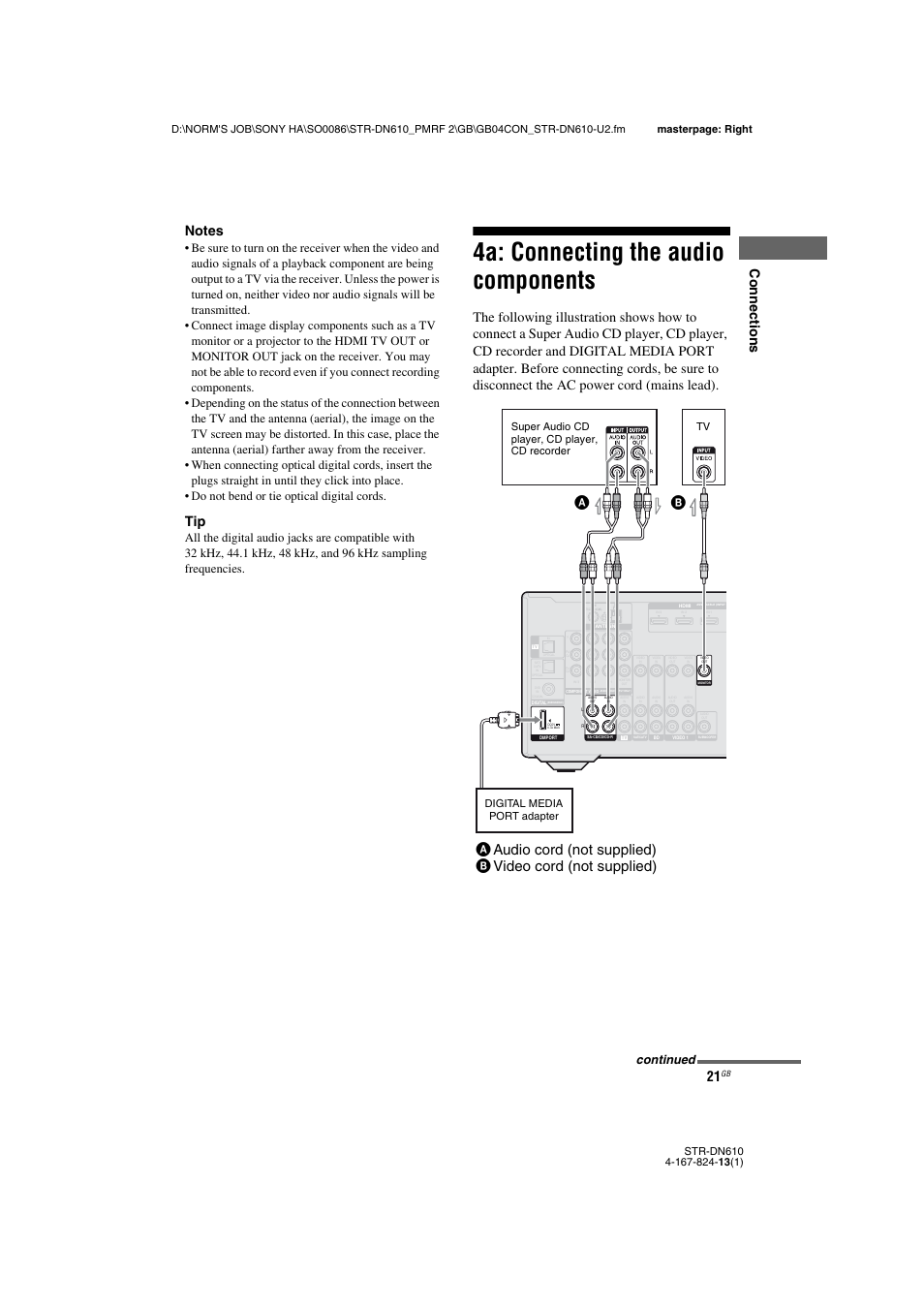 4a: connecting the audio components, Continued, Super audio cd player, cd player, cd recorder | Digital media port adapter tv | Sony STR-DN610 User Manual | Page 21 / 84