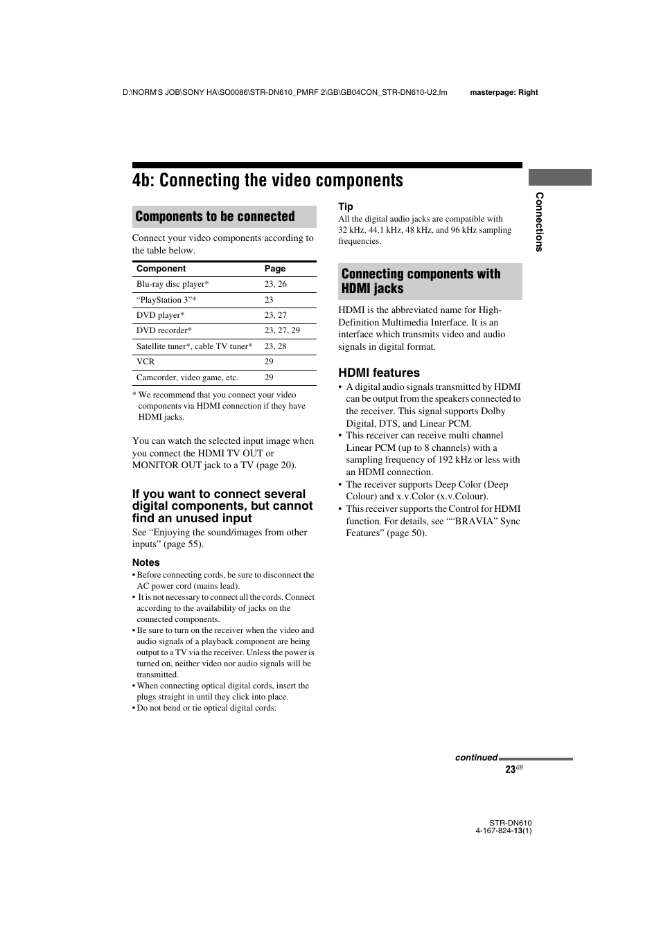 4b: connecting the video components, Components to be connected, Connecting components with hdmi jacks | Hdmi features | Sony STR-DN610 User Manual | Page 23 / 84