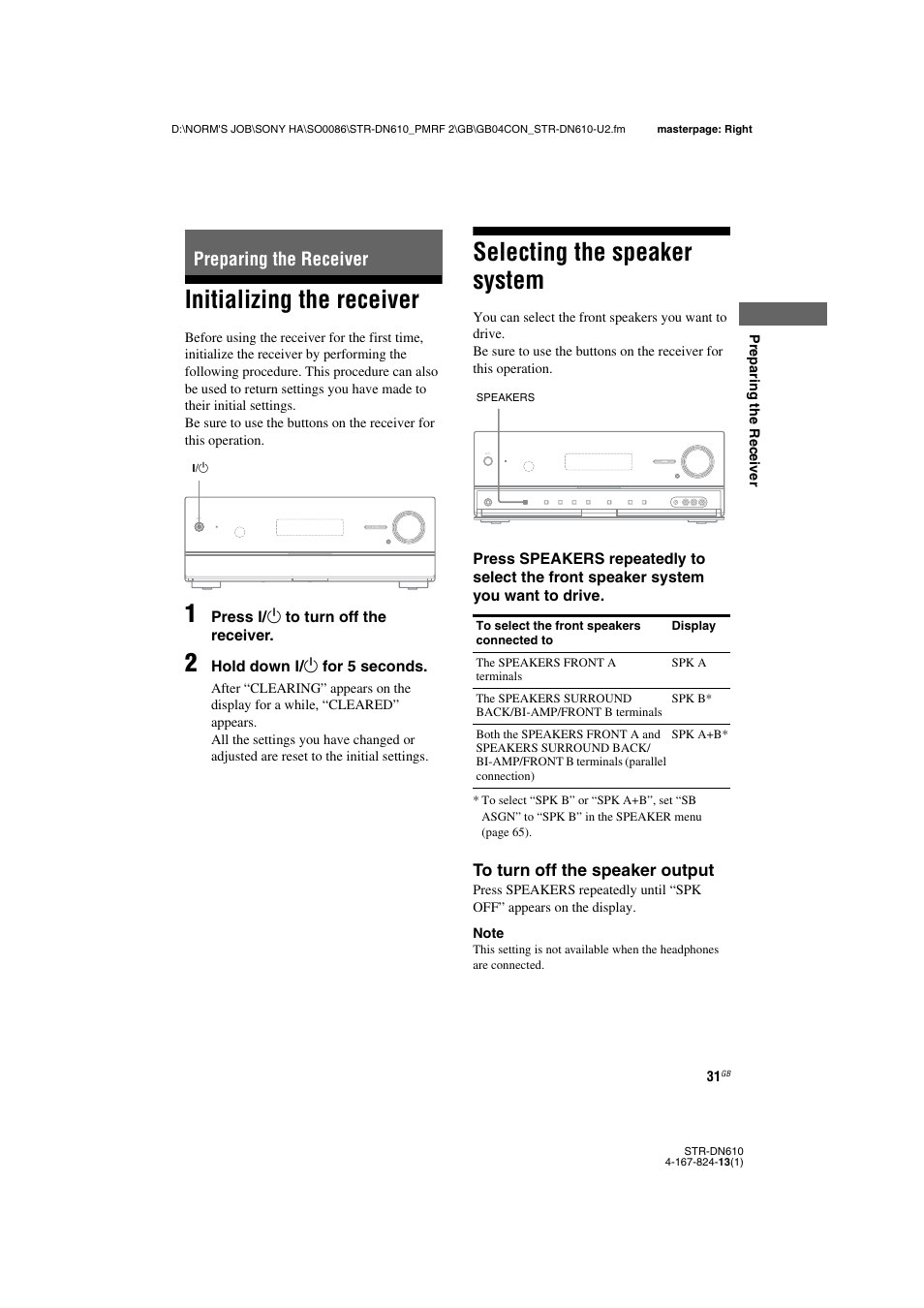 Preparing the receiver, Initializing the receiver, Selecting the speaker system | Sony STR-DN610 User Manual | Page 31 / 84