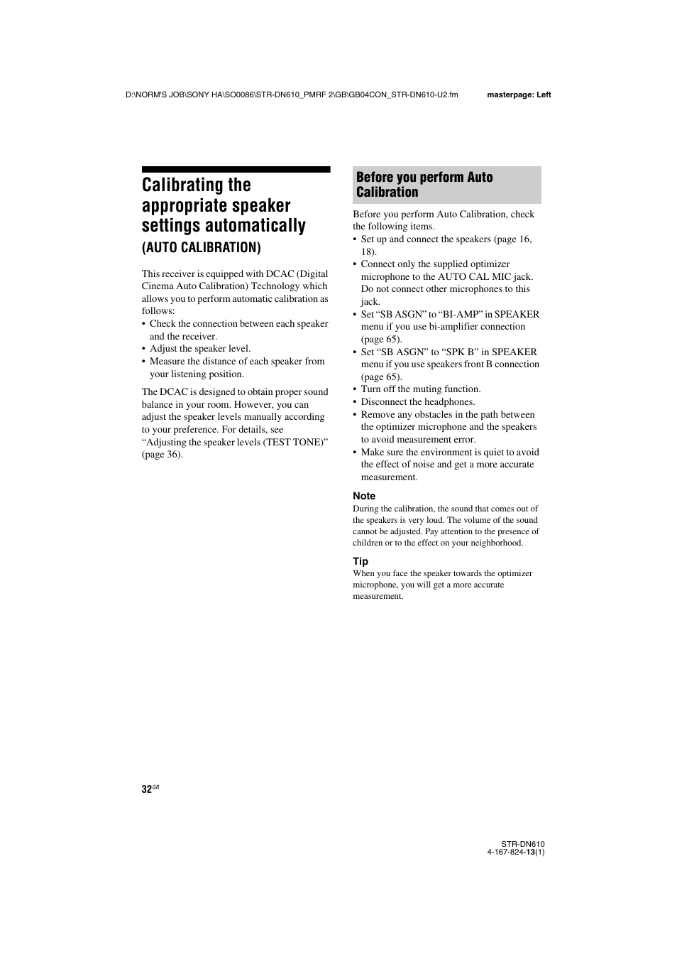 Calibrating the appropriate speaker settings, Automatically, Auto calibration) | Before you perform auto calibration | Sony STR-DN610 User Manual | Page 32 / 84