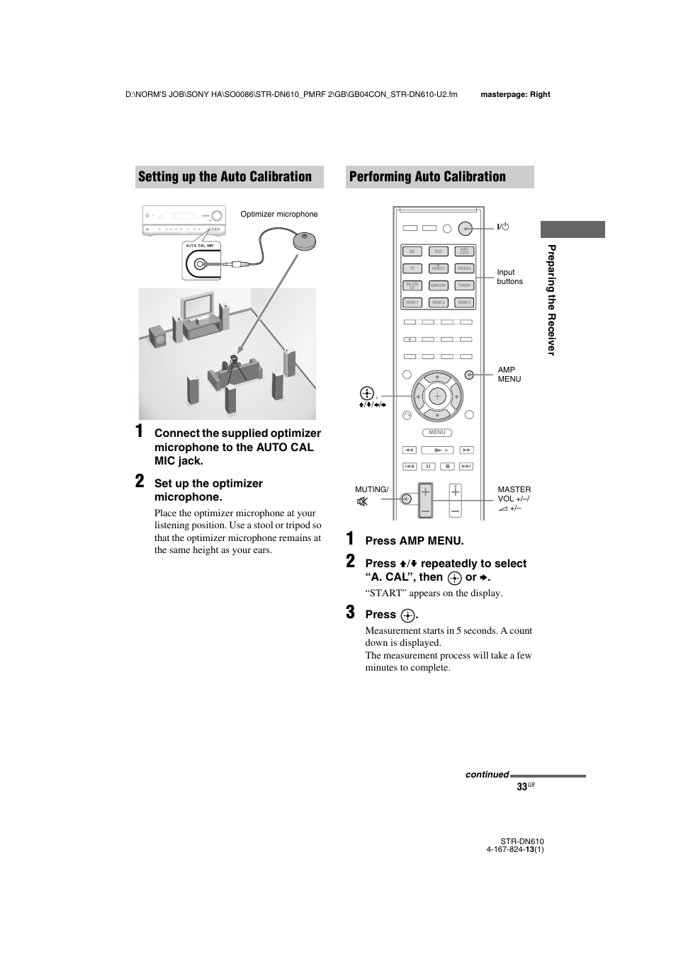 Setting up the auto calibration, Performing auto calibration | Sony STR-DN610 User Manual | Page 33 / 84