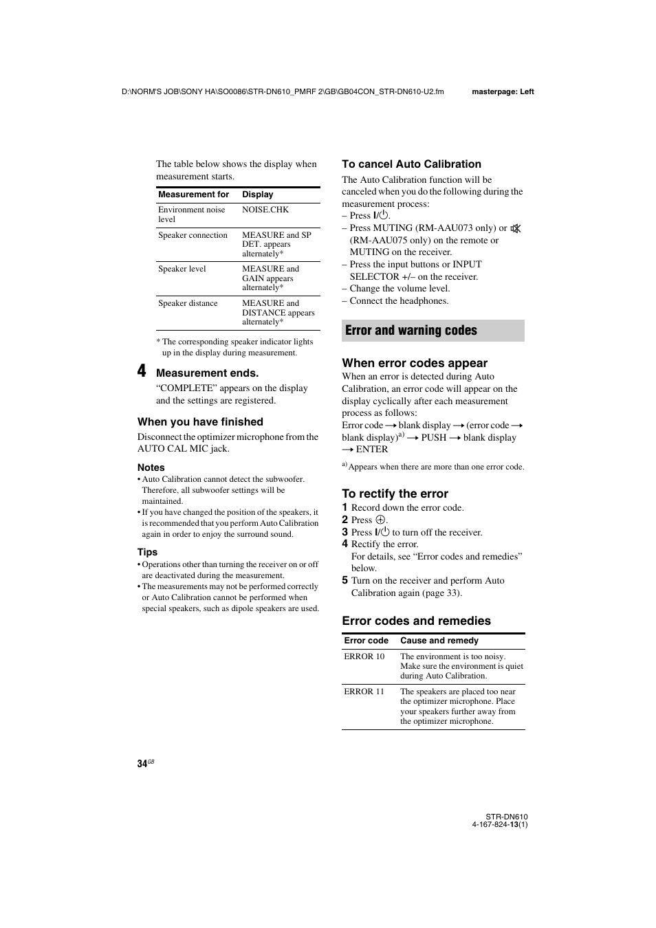 Error and warning codes, When error codes appear, Error codes and remedies | Sony STR-DN610 User Manual | Page 34 / 84
