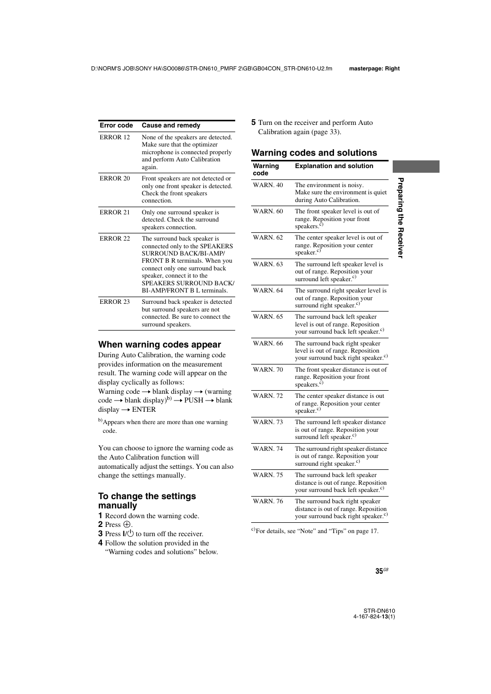 When warning codes appear, Warning codes and solutions | Sony STR-DN610 User Manual | Page 35 / 84