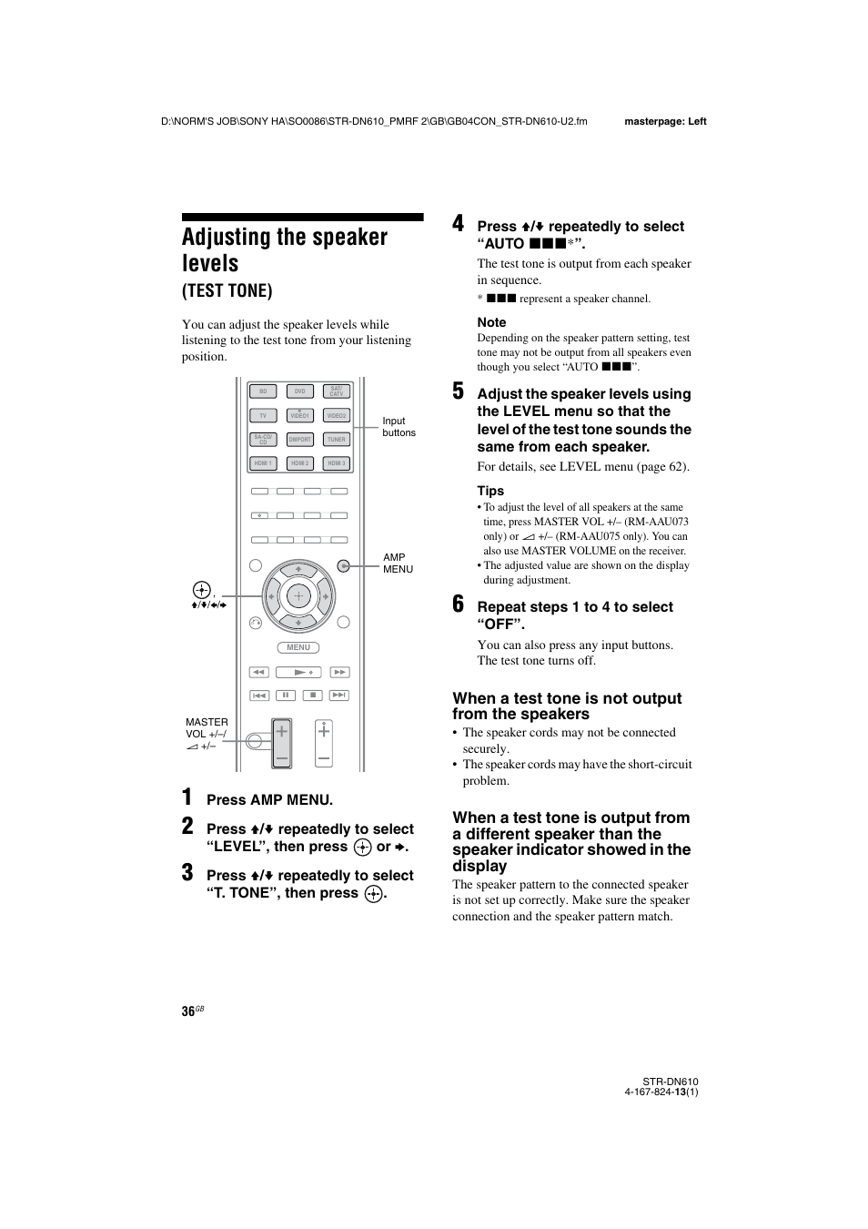 Adjusting the speaker levels (test tone), Adjusting the speaker levels, Test tone) | E 36, 37, When a test tone is not output from the speakers | Sony STR-DN610 User Manual | Page 36 / 84