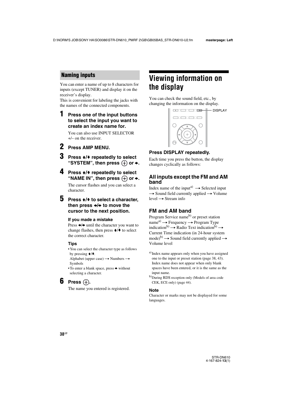 Viewing information on the display, Naming inputs | Sony STR-DN610 User Manual | Page 38 / 84