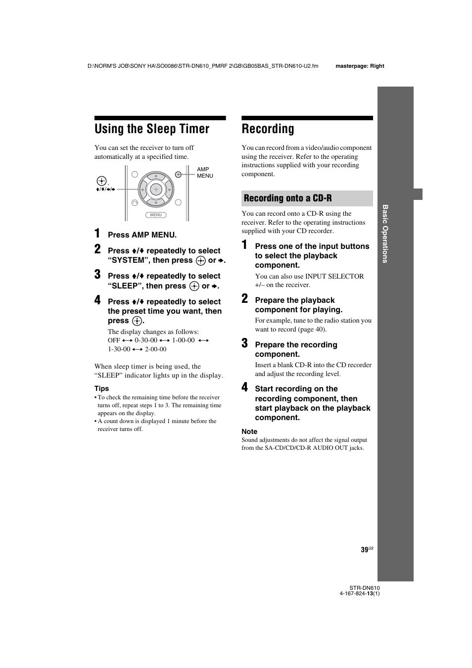 Using the sleep timer, Recording, Using the sleep timer recording | Recording onto a cd-r | Sony STR-DN610 User Manual | Page 39 / 84