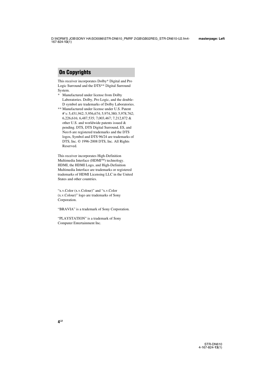 On copyrights | Sony STR-DN610 User Manual | Page 4 / 84