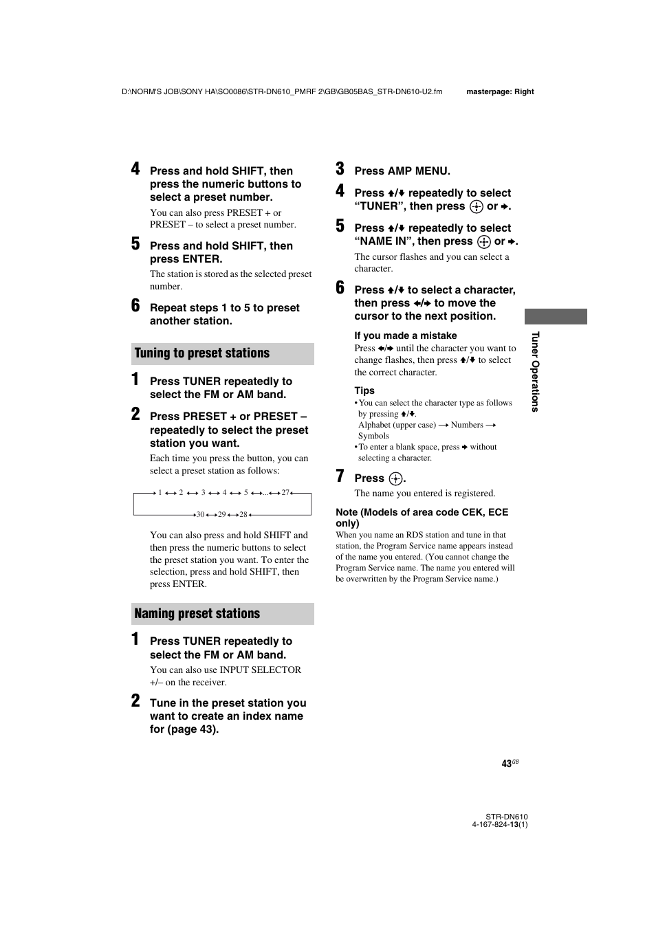 Tuning to preset stations naming preset stations | Sony STR-DN610 User Manual | Page 43 / 84