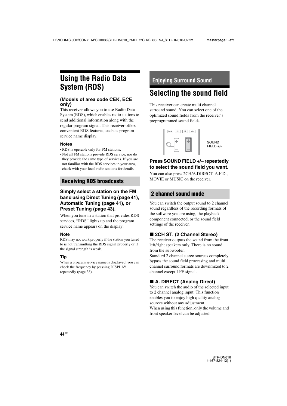 Using the radio data system (rds), Enjoying surround sound, Selecting the sound field | Models of area code cek, ece only) | Sony STR-DN610 User Manual | Page 44 / 84