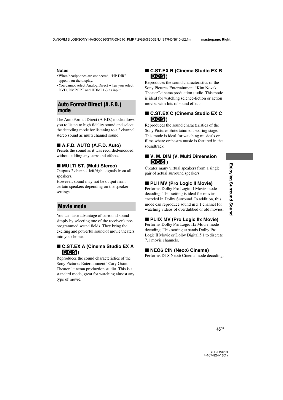 Auto format direct (a.f.d.) mode movie mode | Sony STR-DN610 User Manual | Page 45 / 84