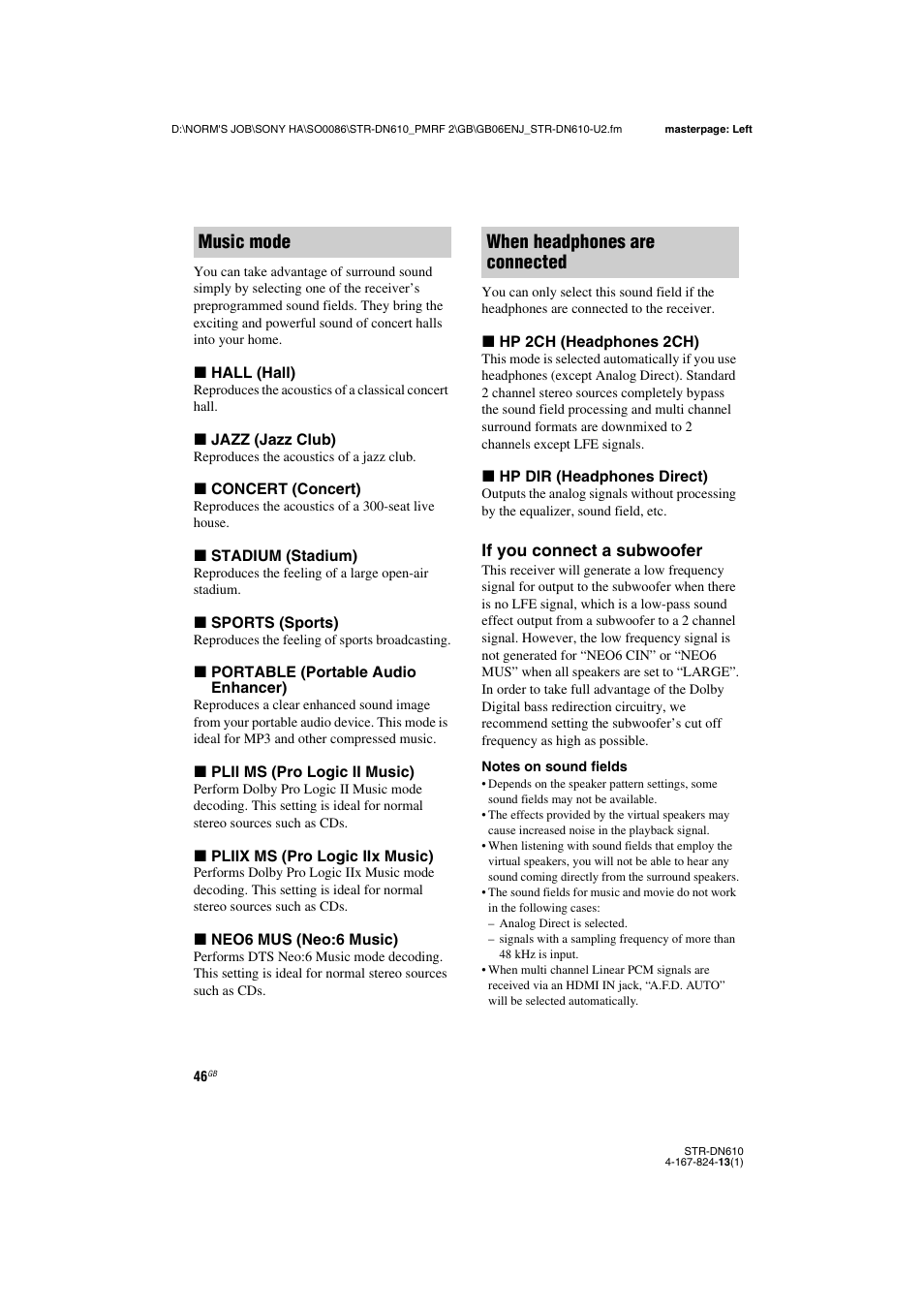 Music mode when headphones are connected | Sony STR-DN610 User Manual | Page 46 / 84