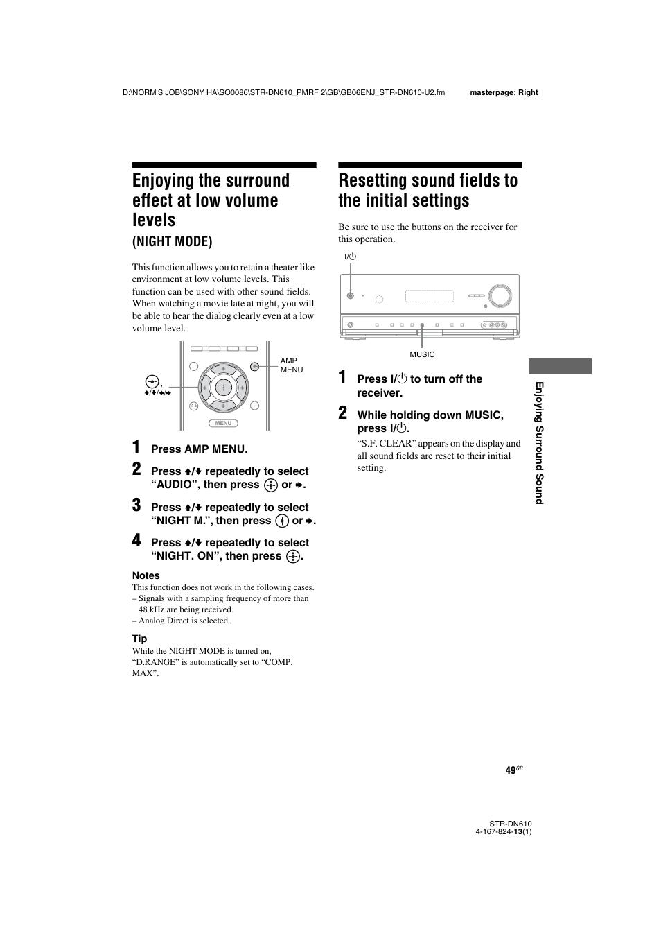 Resetting sound fields to the initial settings, Enjoying the surround effect at low volume, Levels (night mode) | Resetting sound fields to the initial, Settings, Enjoying the surround effect at low volume levels, Night mode) | Sony STR-DN610 User Manual | Page 49 / 84