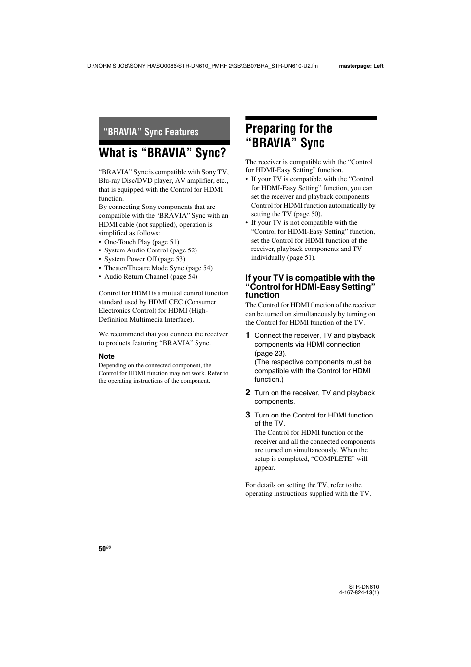 Bravia” sync features, What is “bravia” sync, Preparing for the “bravia” sync | Sony STR-DN610 User Manual | Page 50 / 84