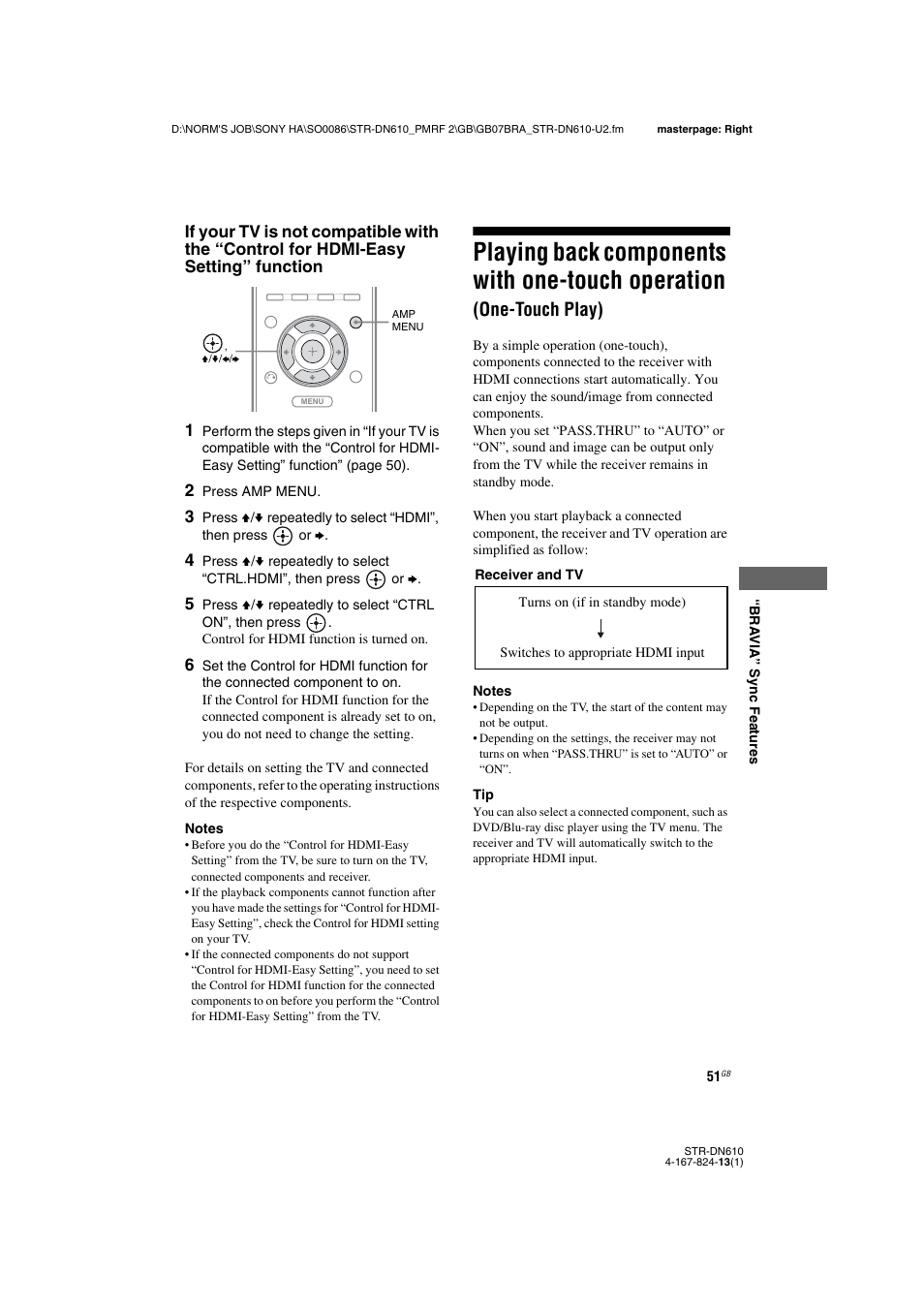 Playing back components with one-touch, Operation (one-touch play), Playing back components with one-touch operation | One-touch play) | Sony STR-DN610 User Manual | Page 51 / 84