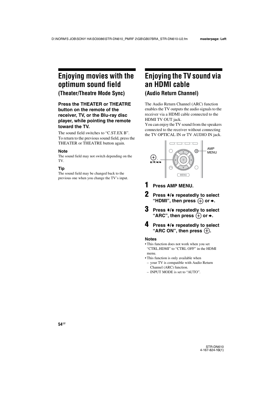 Enjoying movies with the optimum sound, Field (theater/theatre mode sync), Enjoying the tv sound via an hdmi cable | Audio return channel), Enjoying movies with the optimum sound field, Theater/theatre mode sync) | Sony STR-DN610 User Manual | Page 54 / 84