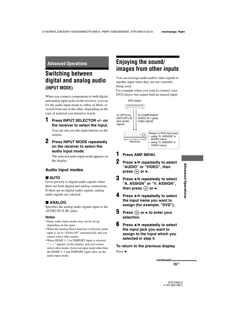 Advanced operations, Enjoying the sound/ images from other inputs, Switching between digital and analog audio | Input mode), Enjoying the sound/images from other, Inputs, E 37, 55 | Sony STR-DN610 User Manual | Page 55 / 84