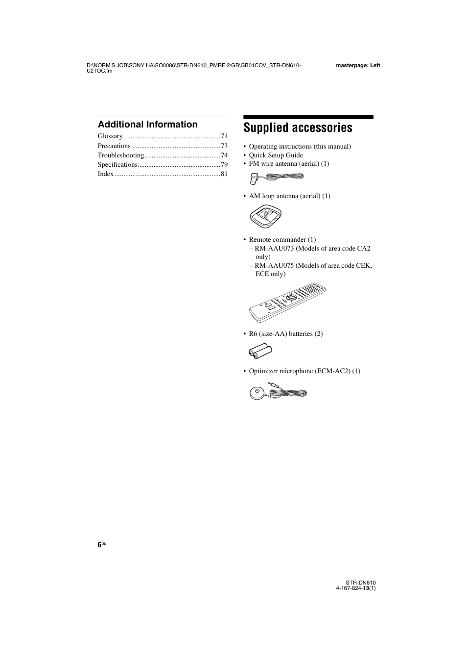 Supplied accessories, Additional information | Sony STR-DN610 User Manual | Page 6 / 84