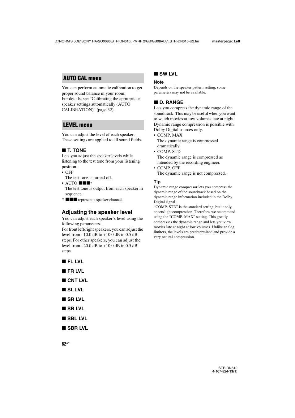 Auto cal menu level menu | Sony STR-DN610 User Manual | Page 62 / 84