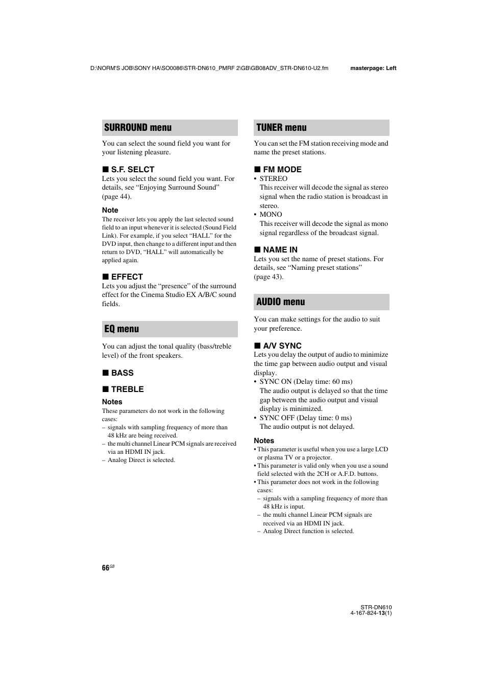 Surround menu eq menu tuner menu audio menu | Sony STR-DN610 User Manual | Page 66 / 84