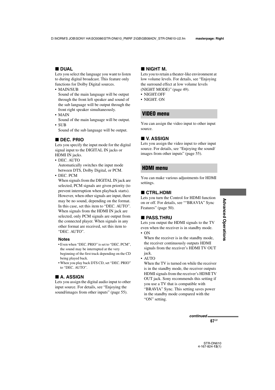 Video menu hdmi menu | Sony STR-DN610 User Manual | Page 67 / 84