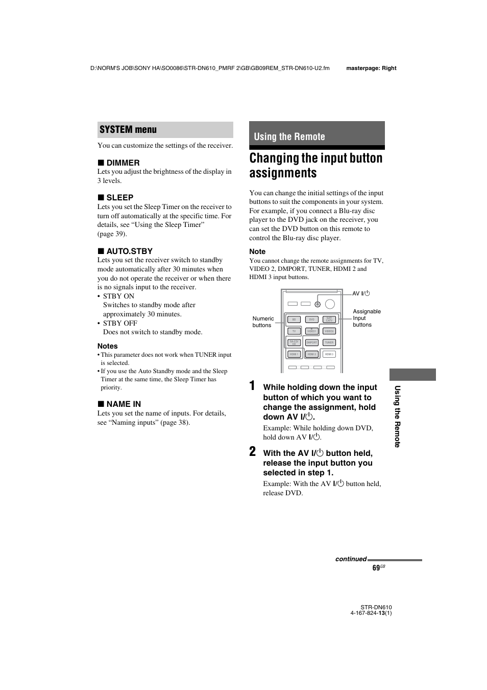 Using the remote, Changing the input button assignments, System menu using the remote | Sony STR-DN610 User Manual | Page 69 / 84