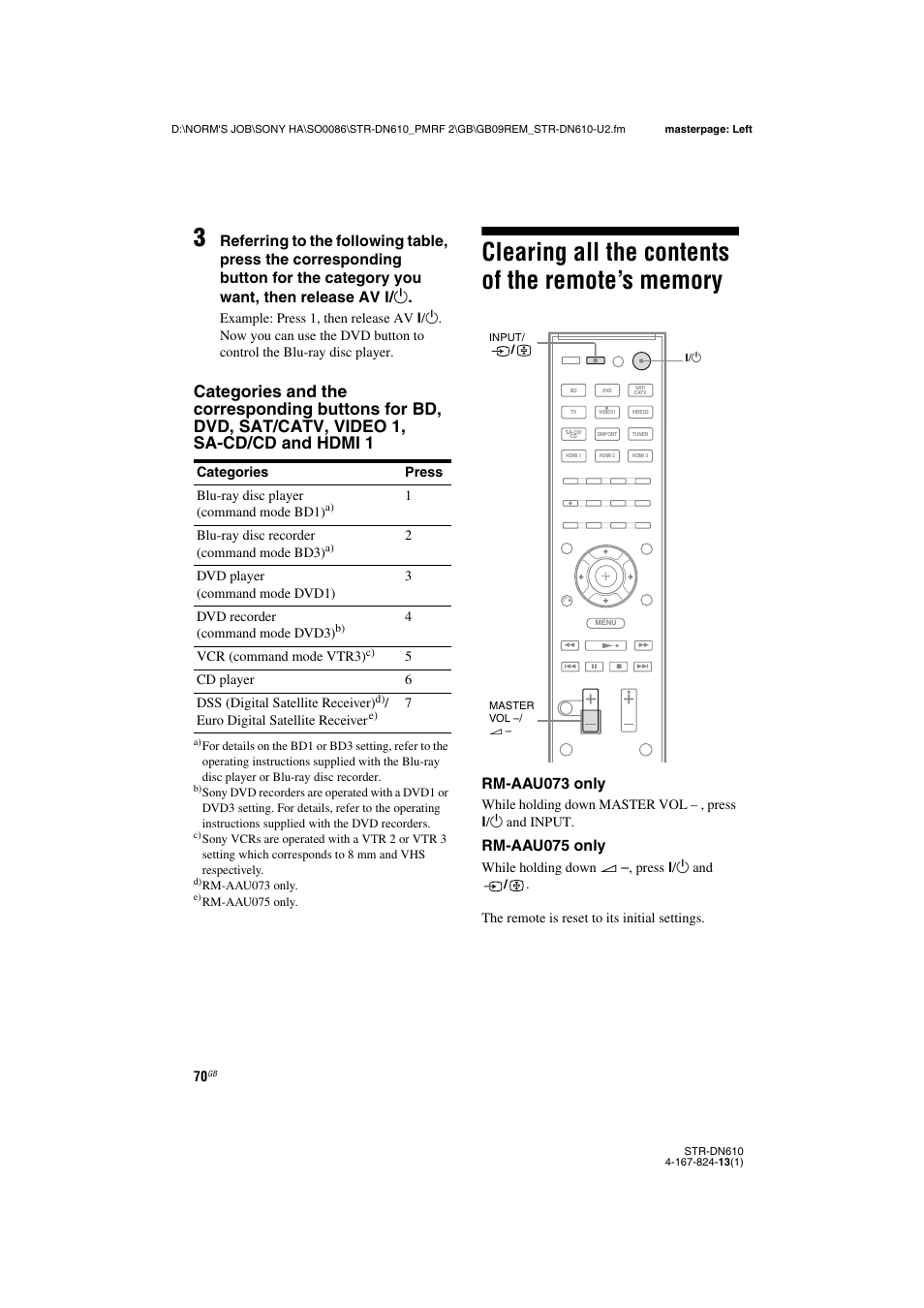 Clearing all the contents of the remote’s memory, Clearing all the contents of the remote’s, Memory | Rm-aau073 only, Rm-aau075 only | Sony STR-DN610 User Manual | Page 70 / 84