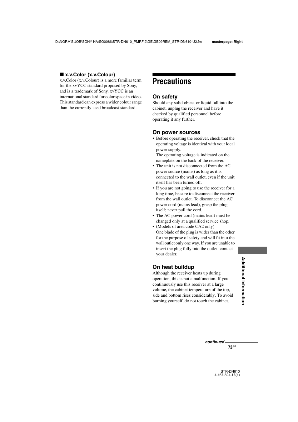 Precautions | Sony STR-DN610 User Manual | Page 73 / 84