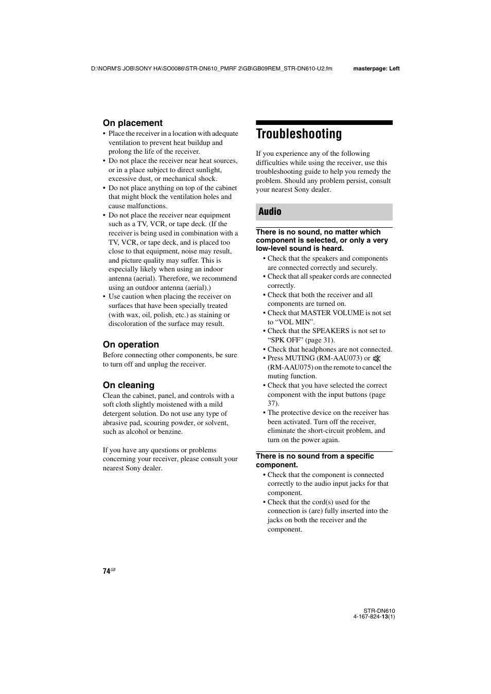 Troubleshooting, Audio | Sony STR-DN610 User Manual | Page 74 / 84