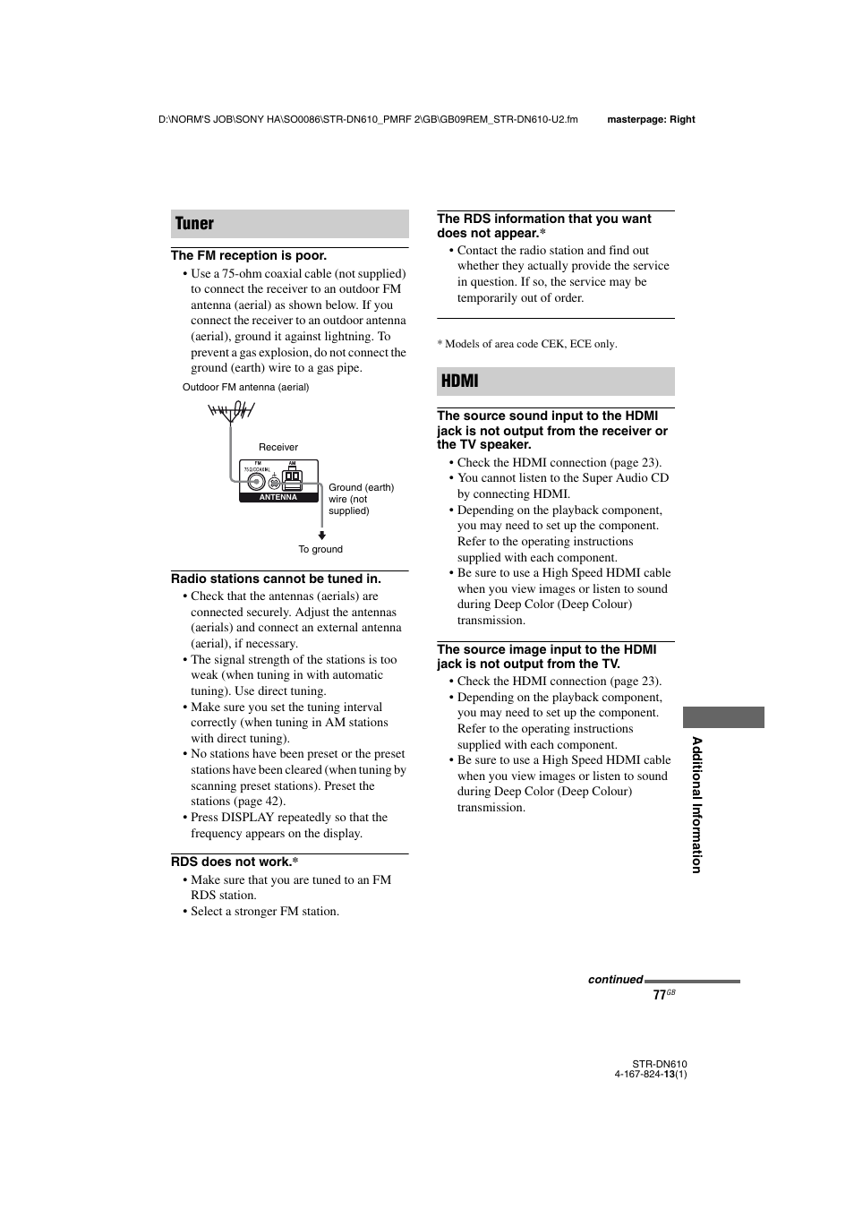 Tuner, Hdmi | Sony STR-DN610 User Manual | Page 77 / 84