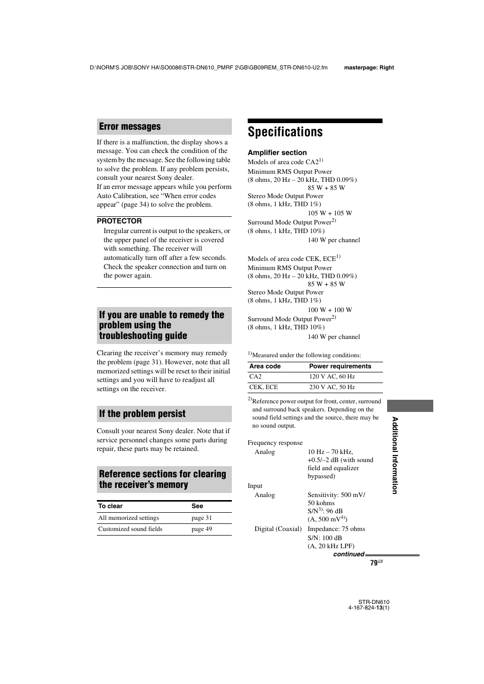 Specifications | Sony STR-DN610 User Manual | Page 79 / 84