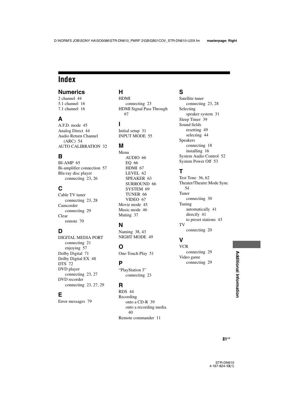 Index, Numerics | Sony STR-DN610 User Manual | Page 81 / 84