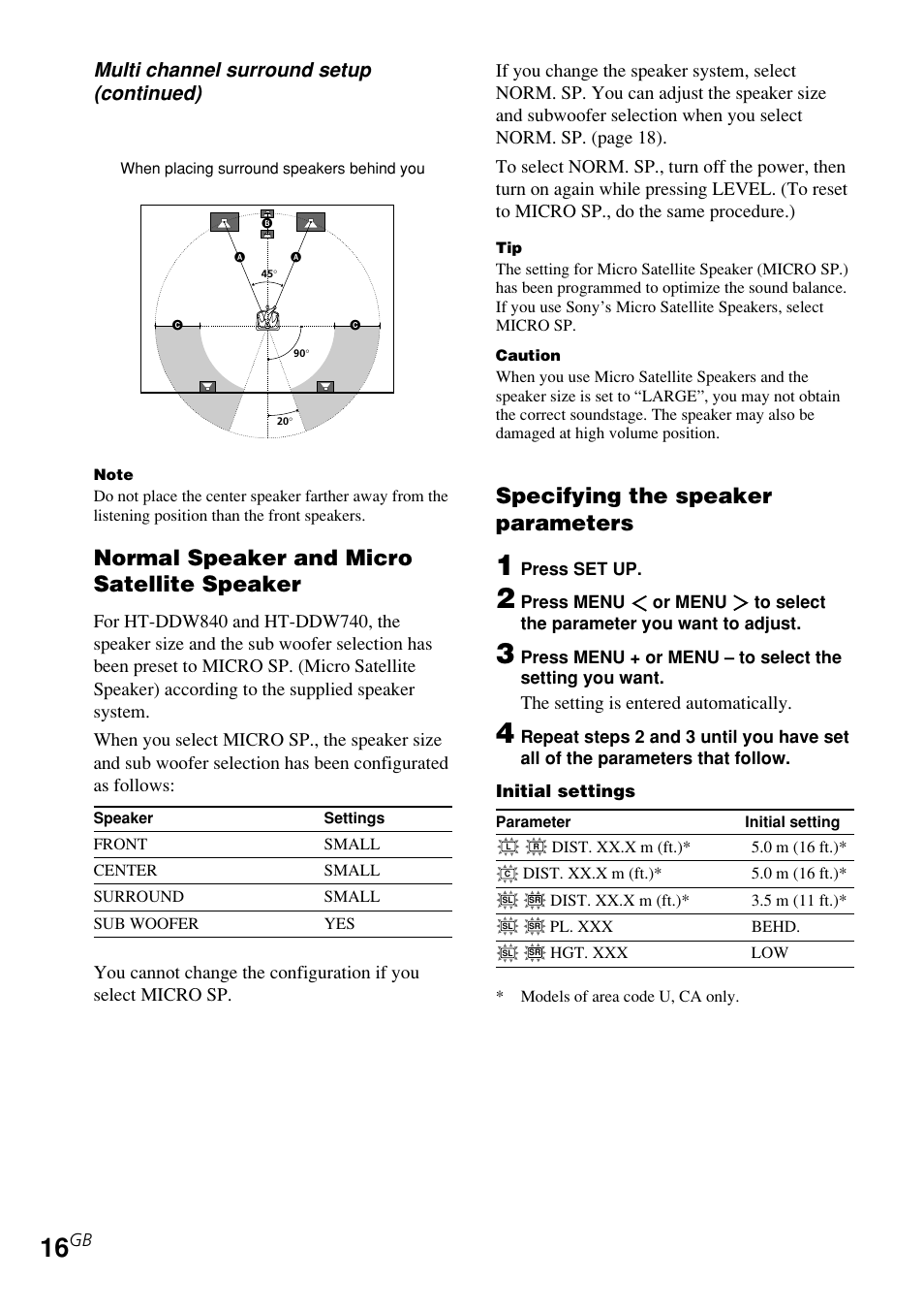 Normal speaker and micro satellite speaker, Specifying the speaker parameters, Multi channel surround setup (continued) | Sony STR-K840P User Manual | Page 16 / 59