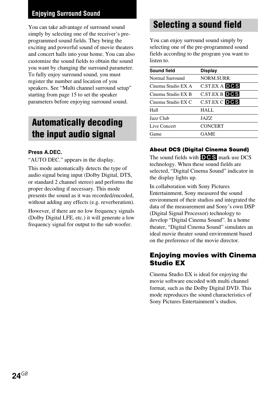 Enjoying surround sound, Automatically decoding the input, Audio signal | Selecting a sound field, Automatically decoding the input audio signal | Sony STR-K840P User Manual | Page 24 / 59