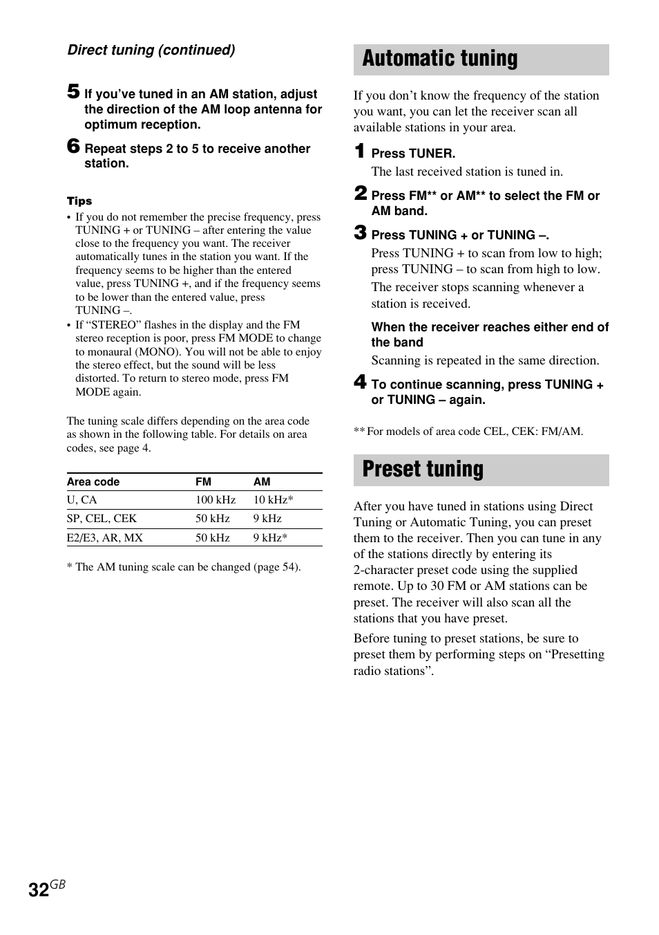 Automatic tuning, Preset tuning | Sony STR-K840P User Manual | Page 32 / 59