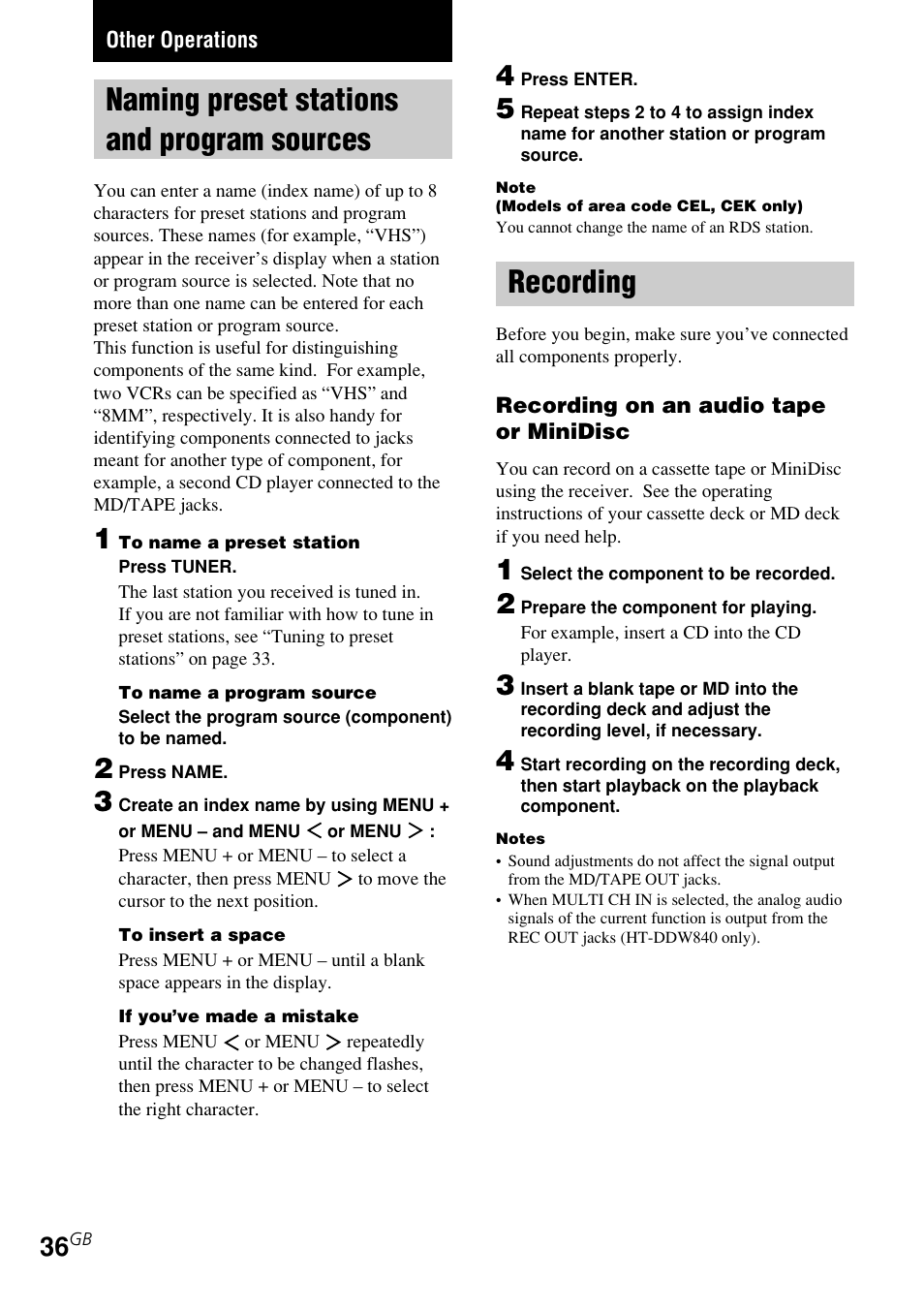 Other operations, Naming preset stations and program, Sources | Recording, Naming preset stations and program sources | Sony STR-K840P User Manual | Page 36 / 59