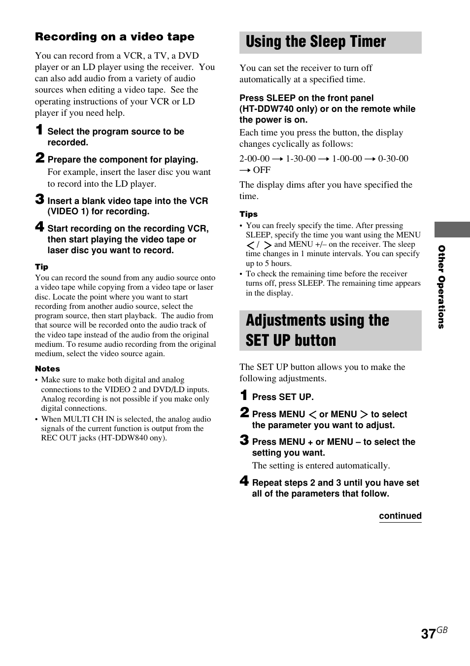 Using the sleep timer, Adjustments using the set up, Button | Adjustments using the set up button | Sony STR-K840P User Manual | Page 37 / 59