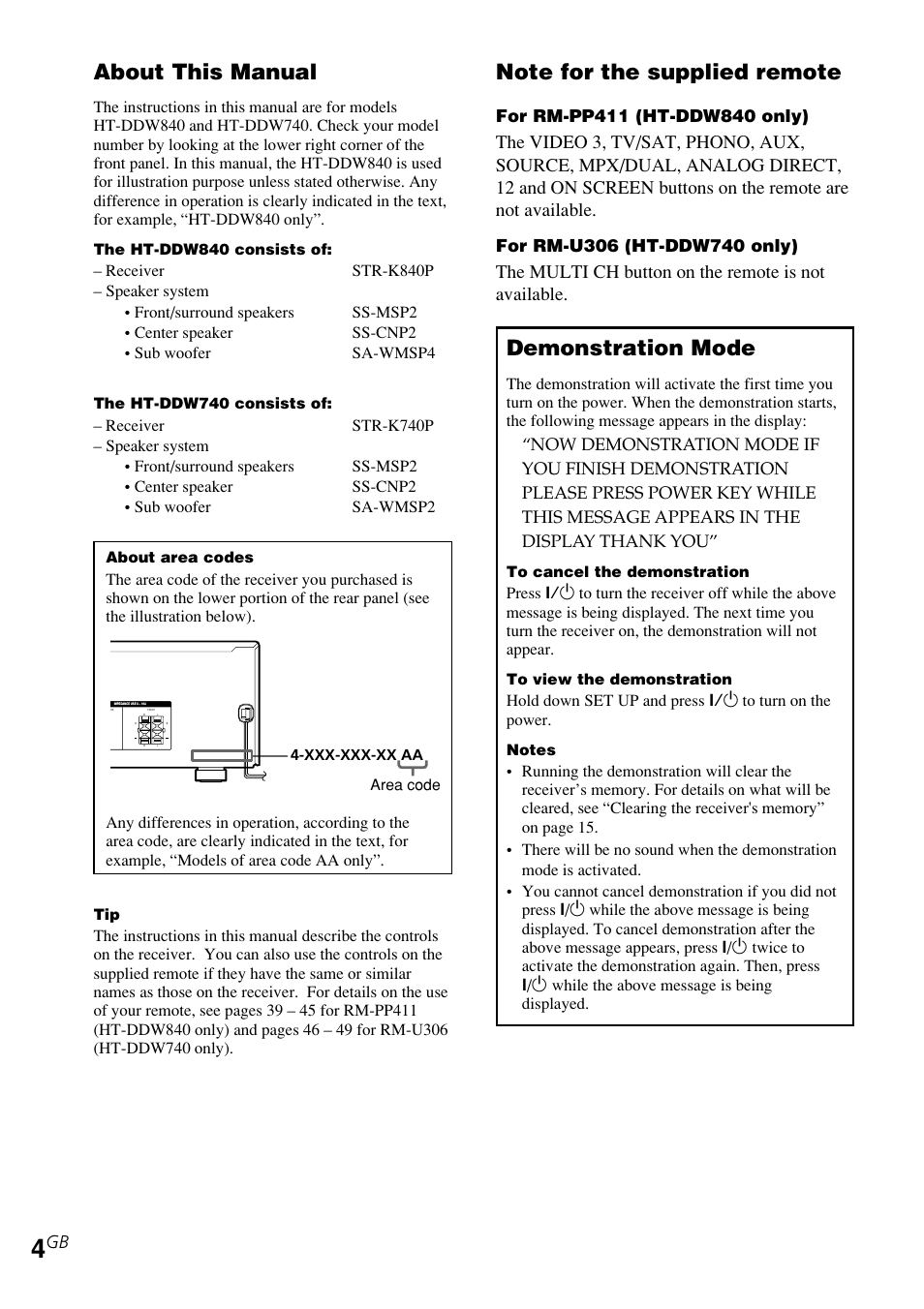 About this manual, Demonstration mode, The multi ch button on the remote is not available | Sony STR-K840P User Manual | Page 4 / 59