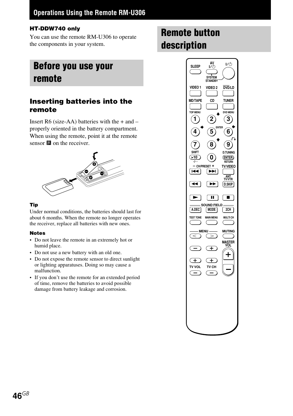 Operations using the remote rm-u306, Before you use your remote, Remote button description | Inserting batteries into the remote, Gb ht-ddw740 only | Sony STR-K840P User Manual | Page 46 / 59